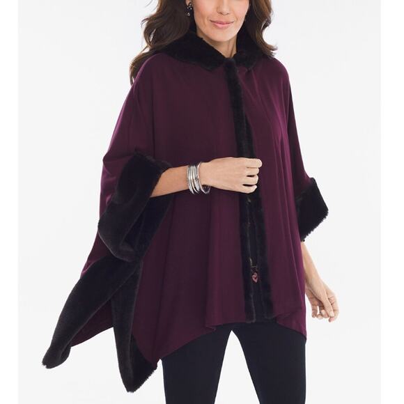 Chico’s Delphine Faux-Fur Ruana Hooded Poncho Women's One Size - Picture 1 of 15